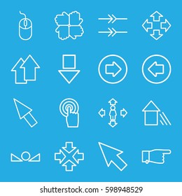 cursor icons set. Set of 16 cursor outline icons such as arrow left, arrow right, pointing, mouse, man move, touchscreen, pointer, move