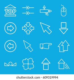 Cursor icons set. set of 16 cursor outline icons such as arrow left, arrow right, pointing, mouse, top of cargo box, pointer, move