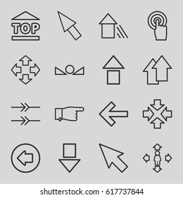 Cursor icons set. set of 16 cursor outline icons such as arrow left, pointing, man move, top of cargo box, touchscreen, arrow up, pointer, move