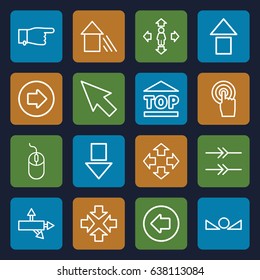 Cursor icons set. set of 16 cursor outline icons such as arrow left, arrow right, pointing, mouse, man move, top of cargo box, touchscreen, pointer