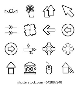 Cursor icons set. set of 16 cursor outline icons such as arrow left, arrow right, mouse, top of cargo box, touchscreen, pointer, move, hands