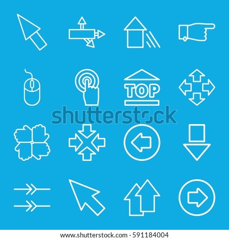 cursor icons set. Set of 16 cursor outline icons such as arrow left, arrow right, pointing, mouse, top of cargo box, touchscreen, pointer, move