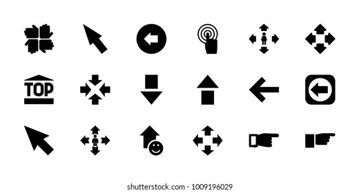 Cursor icons. set of 18 editable filled cursor icons: arrow left, pointing, man move, pointer, move, hands, arrow up, arrow down, touchscreen, back