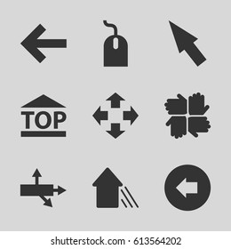 Cursor icons set. set of 9 cursor filled icons such as arrow left, mouse, top of cargo box, arrow up, pointer, arrow, move, hands