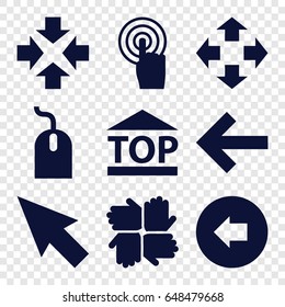 Cursor icons set. set of 9 cursor filled icons such as arrow left, mouse, top of cargo box, touchscreen, pointer, move, hands