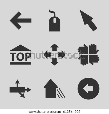 Cursor icons set. set of 9 cursor filled icons such as arrow left, mouse, top of cargo box, arrow up, pointer, arrow, move, hands