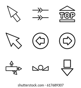 Cursor icons set. set of 9 cursor outline icons such as arrow left, arrow right, top of cargo box