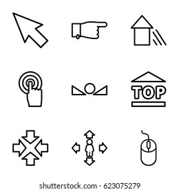 Cursor icons set. set of 9 cursor outline icons such as pointing, mouse, man move, top of cargo box, touchscreen, arrow up, pointer