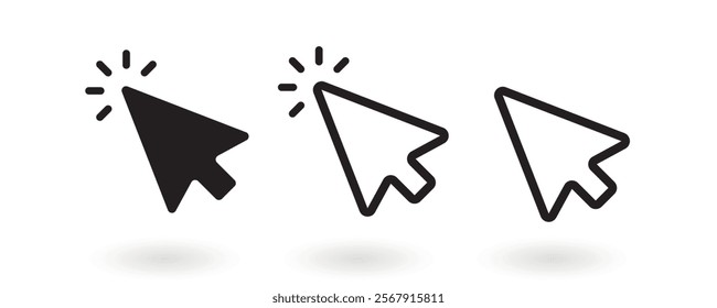 Cursor icons set arrow forms, mouse click cursor set, arrow pointer. Computer mouse click cursor gray arrow icons set. Cursor icon. Computer click icon.