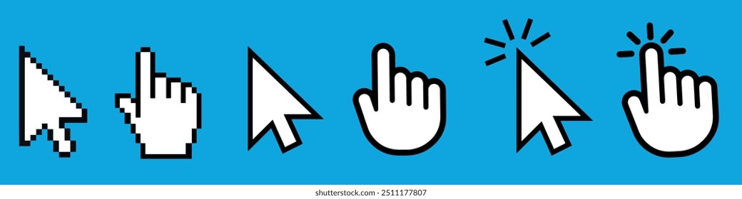 Cursor icons set. Cursor set in hand, arrow and mouse forms, mouse click cursor set, arrow and hand pointer. Vector illustration.