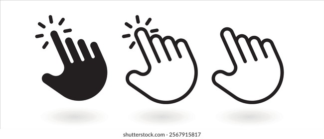 Cursor icons set in hand, arrow forms, mouse click cursor set, arrow and hand pointer. Computer mouse click cursor gray arrow icons set and loading icons. Cursor icon. Computer click icon.