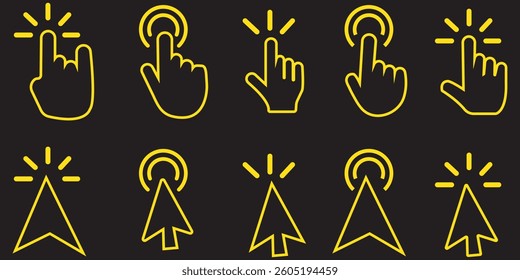 Cursor icons set. Cursor set in hand, arrow and mouse forms, mouse click cursor set, arrow and hand pointer. Vector illustration.