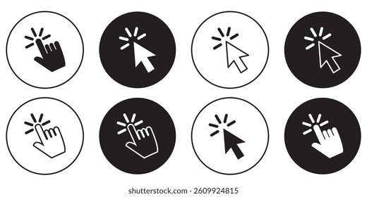 Cursor icons set in hand, arrow and mouse forms, mouse click cursor set, arrow and hand pointer - vector . 