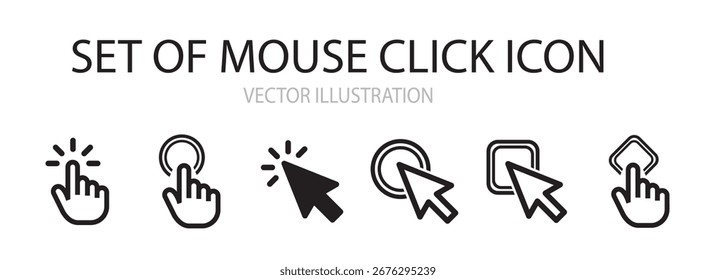 Cursor icons set. Cursor set in hand, arrow and mouse forms, mouse click cursor set, arrow and hand pointer. Vector illustration.