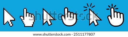 Cursor icons set. Cursor set in hand, arrow and mouse forms, mouse click cursor set, arrow and hand pointer. Vector illustration.