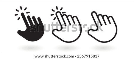Cursor icons set in hand, arrow forms, mouse click cursor set, arrow and hand pointer. Computer mouse click cursor gray arrow icons set and loading icons. Cursor icon. Computer click icon.