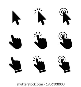 Conjuntos de iconos de cursor, signo de cursor manual, clic en icono diseño vectorial
