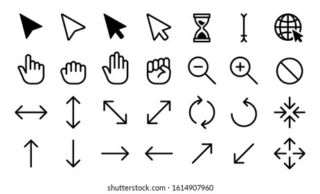 Cursor icons. Web internet scale arrow clicking computer pointer, hand mouse cursors. Static and dynamic click cursor buttons, point and selection tools isolated vector icons set