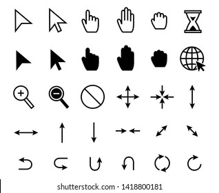 Cursor icons. Web pointer clicking, scale arrow and magnifier icon. Grab hand, pointing arrows and hourglass loading vector set