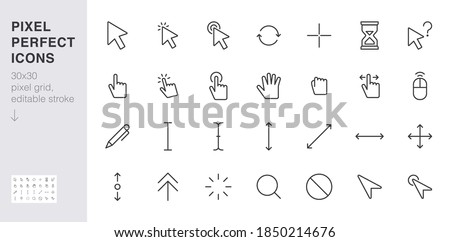 Cursor line icon set. mouse click, hand tap, arrow pointer, type here, scroll, hourglass, finger minimal vector illustration. Simple outline sign for selection. 30x30 Pixel Perfect Editable Stroke.