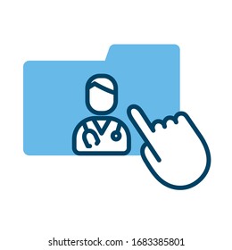 cursor mouse with folder and doctor health online half line style vector illustration design