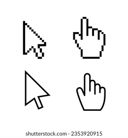 Icono de la mano del cursor del ratón. Flecha del puntero del cursor sobre píxeles. icono de clic en el dedo web vectorial