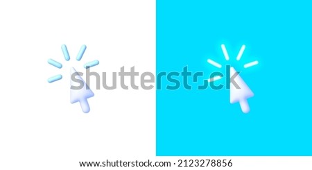 Cursor neon in 3d style on blue background. Arrow 3d vector icon. Flat cursor neon for web design. Vector graphic illustration.