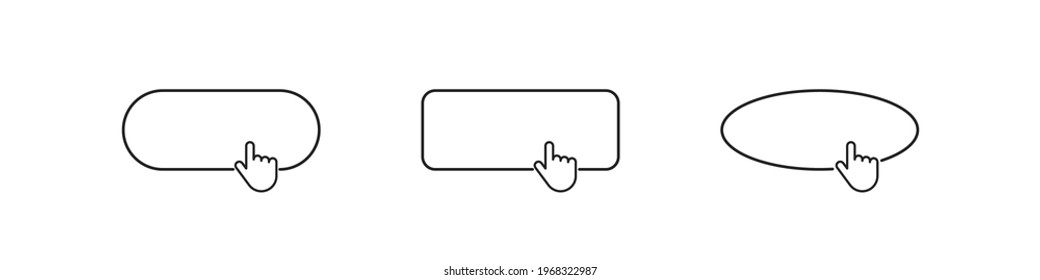 Cursor on button, vector click line set. Linear push buttons with hand pointer, round illustrations.