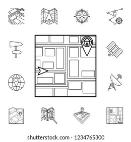 cursor and pin building on the map icon. Detailed set of navigation icons. Premium graphic design. One of the collection icons for websites, web design, mobile app