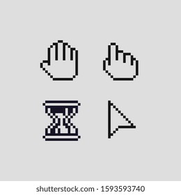 Cursor pixel art icons set, time cursor, hourglass, hand pointer, finger points, mouse arrow, design for logo, web, mobile app, badges and patches. isolated vector illustration. 8-bit.