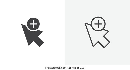 Cursor plus icon set in black flat solid and outlined style.