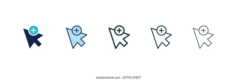 Cursor plus icon set. computer click arrow vector symbol in black filled and outlined style.