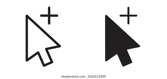 Cursor plus icons in black line and filled versions