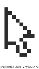 Cursor pointer arrow built from square pixels with sharp edges and retro grid aesthetic. Symbol of navigation, click, and user interface nostalgia and tech throwback. Cartoon vector illustration.