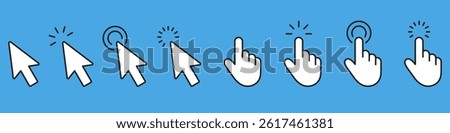 Cursor Pointer And Click Solid Icon Set. Hand And Arrow Interaction Silhouette Symbol Collection. Isolated Vector Illustration.