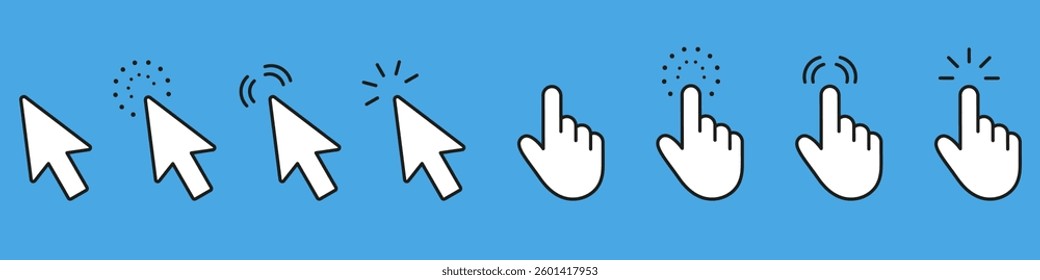 Cursor And Pointer Hand Interaction Solid Icon Set. Mouse Clicks And Touch Gestures Silhouette Symbol Collection. Isolated Vector Illustration.