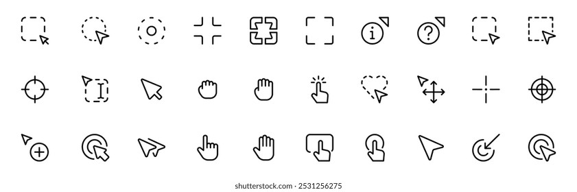 Cursor and Pointer Icon Set. A collection of icons representing various cursor and pointer interaction, clicks, selection, drag, zoom, and navigation in a minimalist outline style. vector