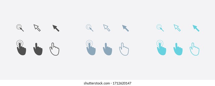 Cursor pointer icons. Click press and touch actions. Flat style.