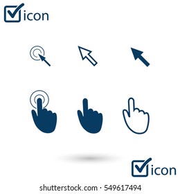 Cursor pointer icons. Click press and touch actions. Flat style.