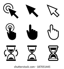 Cursor pointer icons. Mouse, hand, arrow, hourglass. Click, press and touch actions. Vector.