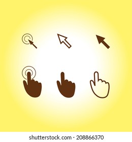 Cursor pointer icons. Mouse, hand, arrow. Click press and touch actions. Flat style.EPS 10.