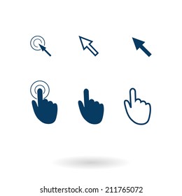 Cursor pointer icons. Mouse, hand, arrow. Click press and touch actions. Flat style.EPS 10.