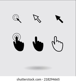 Cursor pointer icons. Mouse, hand, arrow. Click press and touch actions. Flat style.EPS 10.