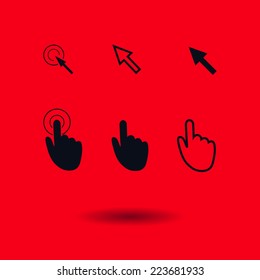 Cursor pointer icons. Mouse, hand, arrow. Click press and touch actions. Flat style.EPS 10.