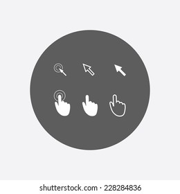 Cursor pointer icons. Mouse, hand, arrow. Click press and touch actions. Flat style.EPS 10.