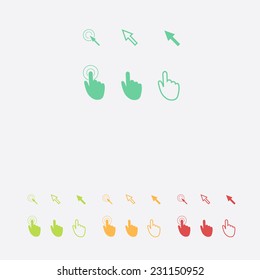 Cursor pointer icons. Mouse, hand, arrow. Click press and touch actions. Flat style.EPS 10.