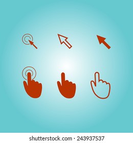 Cursor pointer icons. Mouse, hand, arrow. Click press and touch actions. Flat style.EPS 10.
