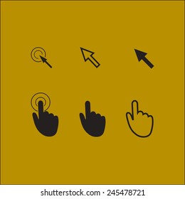 Cursor pointer icons. Mouse, hand, arrow. Click press and touch actions. Flat style.EPS 10.