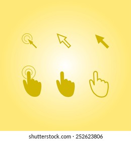 Cursor pointer icons. Mouse, hand, arrow. Click press and touch actions. Flat style.EPS 10.