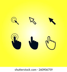 Cursor pointer icons. Mouse, hand, arrow. Click press and touch actions. Flat style.EPS 10.